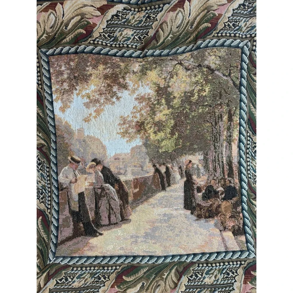 Vintage Hanging Tapestry Pictorial French Scene People Park Landscape Border Art